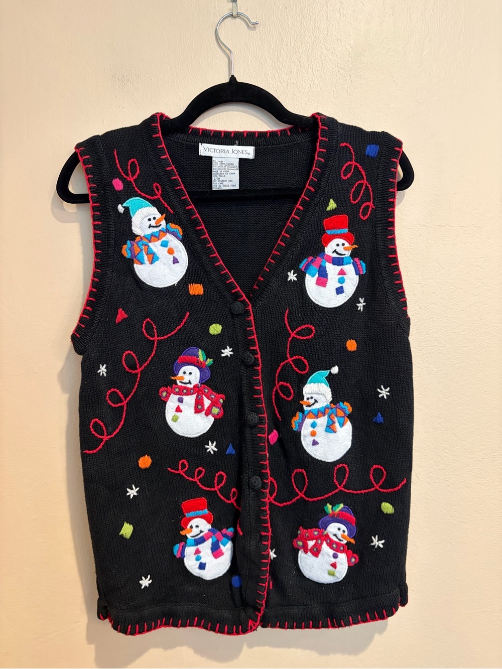Winter Wonderland Little Snowmen Sweater Vest, w/ Red Trim & Vibrant Embroidery